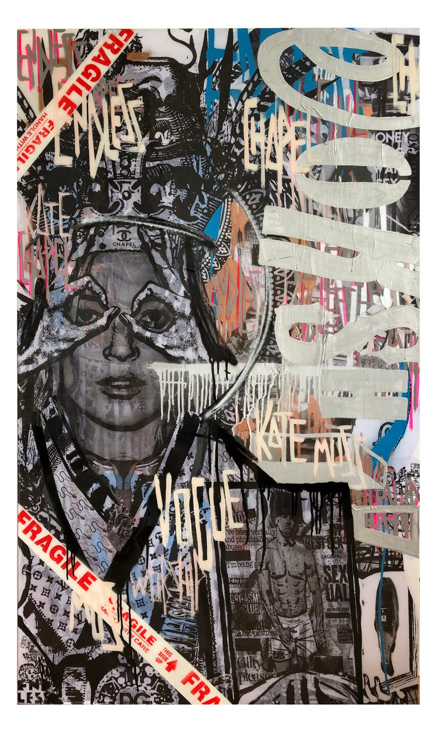 KATE WORSHIP, 91 X 152cm, mixed media on canvas with a resin finish